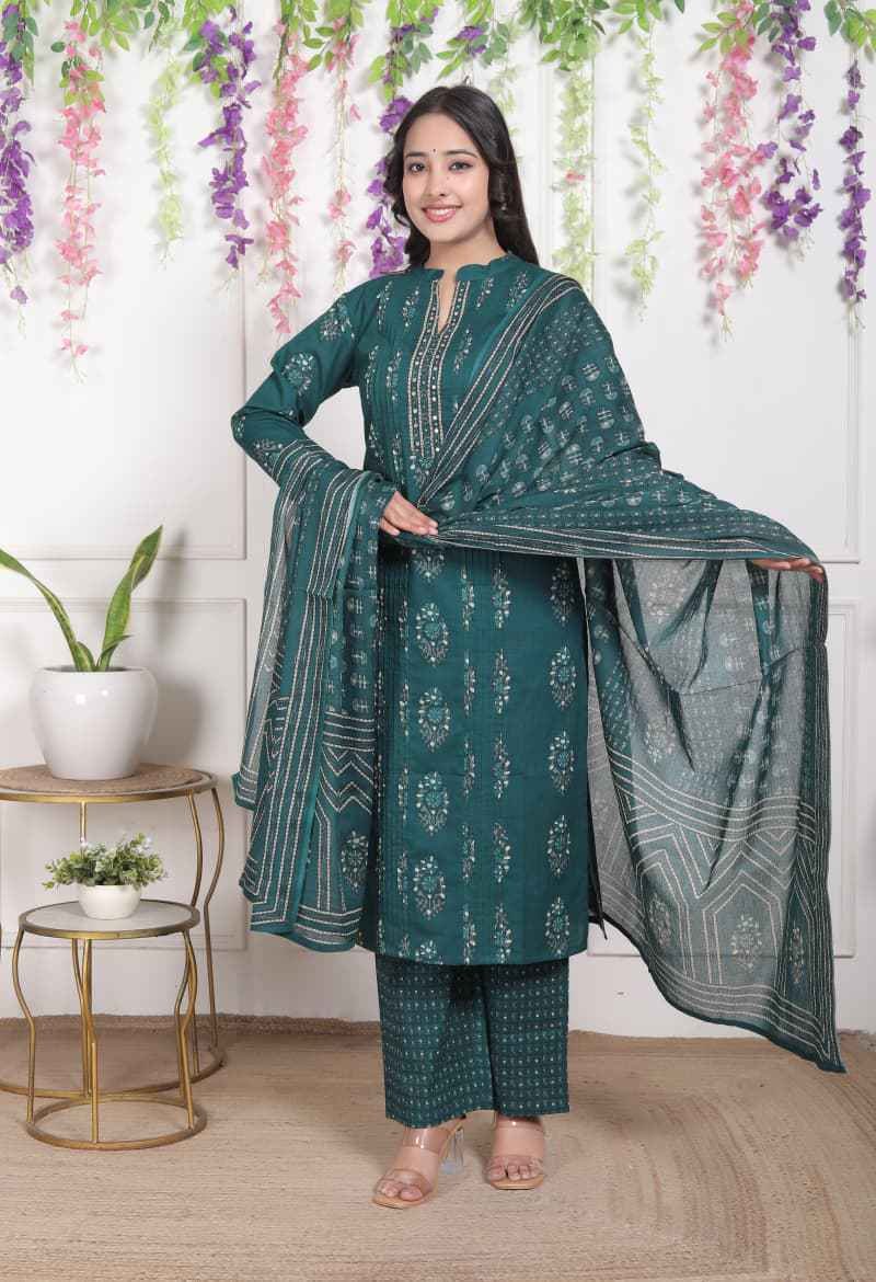 Green  Pintucks Cotton Kurta Set for Women
